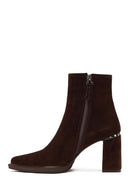 Women's Brown Zippered Suede Leather Thick Heeled Boots | Derimod Women's Brown Zippered Suede Leather Thick Heeled Boots | Derimod