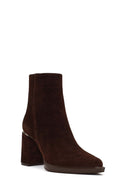 Women's Brown Zippered Suede Leather Thick Heeled Boots | Derimod Women's Brown Zippered Suede Leather Thick Heeled Boots | Derimod