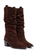 Woman Brown Chunky Heel Suede Leather Cowboy Boots | Derimod Woman Brown Chunky Heel Suede Leather Cowboy Boots | Derimod