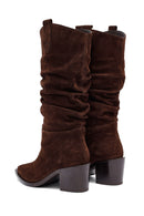 Woman Brown Chunky Heel Suede Leather Cowboy Boots | Derimod Woman Brown Chunky Heel Suede Leather Cowboy Boots | Derimod