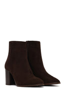 Women's Brown Zippered Thick Heeled Suede Leather Boot | Derimod Women's Brown Zippered Thick Heeled Suede Leather Boot | Derimod
