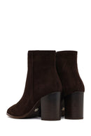 Women's Brown Zippered Thick Heeled Suede Leather Boot | Derimod Women's Brown Zippered Thick Heeled Suede Leather Boot | Derimod