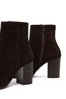Women's Brown Zippered Thick Heeled Suede Leather Boot | Derimod Women's Brown Zippered Thick Heeled Suede Leather Boot | Derimod