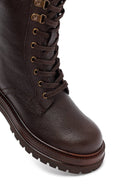 Women's Brown Zippered Lace-Up Leather Combat Boots | Derimod Women's Brown Zippered Lace-Up Leather Combat Boots | Derimod