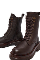 Women's Brown Zippered Lace-Up Leather Combat Boots | Derimod Women's Brown Zippered Lace-Up Leather Combat Boots | Derimod
