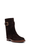 Women's Brown Zippered Suede Leather Biker Boots | Derimod Women's Brown Zippered Suede Leather Biker Boots | Derimod
