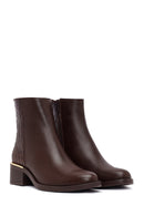 Women's Brown Zippered Short Thick Heeled Leather Boot | Derimod Women's Brown Zippered Short Thick Heeled Leather Boot | Derimod