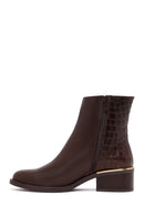 Women's Brown Zippered Short Thick Heeled Leather Boot | Derimod Women's Brown Zippered Short Thick Heeled Leather Boot | Derimod