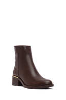 Women's Brown Zippered Short Thick Heeled Leather Boot | Derimod Women's Brown Zippered Short Thick Heeled Leather Boot | Derimod