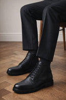 Men's Black Lace-Up Leather Zippered Casual Boots | Derimod Men's Black Lace-Up Leather Zippered Casual Boots | Derimod