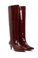 Women's Burgundy Short Thin Heeled Patent Leather Boot | Derimod Women's Burgundy Short Thin Heeled Patent Leather Boot | Derimod