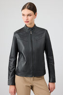Tina Women's Black Stand Collar Leather Jacket | Derimod Tina Women's Black Stand Collar Leather Jacket | Derimod