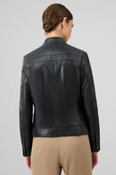 Tina Women's Black Stand Collar Leather Jacket | Derimod Tina Women's Black Stand Collar Leather Jacket | Derimod
