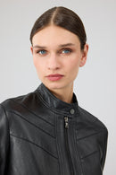 Tina Women's Black Stand Collar Leather Jacket | Derimod Tina Women's Black Stand Collar Leather Jacket | Derimod