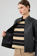 Tina Women's Black Stand Collar Leather Jacket | Derimod Tina Women's Black Stand Collar Leather Jacket | Derimod