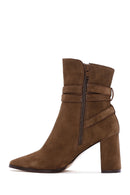 Women's Tan Suede Leather Heeled Boots | Derimod Women's Tan Suede Leather Heeled Boots | Derimod