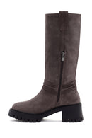 Women's Mink Short Heeled Suede Leather Boots | Derimod Women's Mink Short Heeled Suede Leather Boots | Derimod