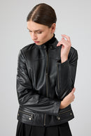 Nora Women's Black Stand Collar Short Leather Jacket | Derimod Nora Women's Black Stand Collar Short Leather Jacket | Derimod
