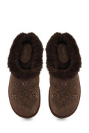 Woman Camel Thick-Soled Stone-Embellished Suede Teddy Slipper | Derimod Woman Camel Thick-Soled Stone-Embellished Suede Teddy Slipper | Derimod