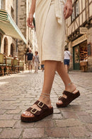Woman Brown Double-Buckle Thick-Soled Suede Slipper | Derimod Woman Brown Double-Buckle Thick-Soled Suede Slipper | Derimod