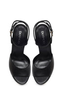 Woman Black Ankle-Buckle High Chunky-Heel Platform Leather Sandal | Derimod Woman Black Ankle-Buckle High Chunky-Heel Platform Leather Sandal | Derimod