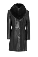 Christina Women's Black Fur Long Leather Coat | Derimod Christina Women's Black Fur Long Leather Coat | Derimod