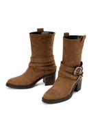 Women's Tan Suede Heeled Cowboy Boots | Derimod Women's Tan Suede Heeled Cowboy Boots | Derimod