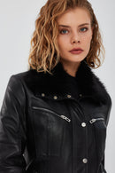 Vivien Women's Black Fur Collar Leather Jacket | Derimod Vivien Women's Black Fur Collar Leather Jacket | Derimod