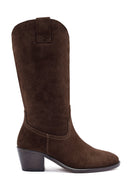 Woman Brown Chunky Heel Suede Leather Cowboy Boots | Derimod Woman Brown Chunky Heel Suede Leather Cowboy Boots | Derimod