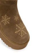 Woman Taba Patterned Suede Teddy Boots | Derimod Woman Taba Patterned Suede Teddy Boots | Derimod