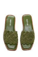 Women's Green Knit Leather Slippers | Derimod Women's Green Knit Leather Slippers | Derimod