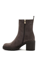 Women's Mink Heeled Zippered Suede Leather Boots | Derimod Women's Mink Heeled Zippered Suede Leather Boots | Derimod