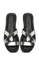 Women's Grey Metallic Leather Slippers | Derimod Women's Grey Metallic Leather Slippers | Derimod