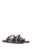 Women's Brown Stoned Flip-Flop Leather Slippers | Derimod Women's Brown Stoned Flip-Flop Leather Slippers | Derimod