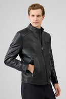 Tony Men's Black Mandarin Collar Short Leather Jacket | Derimod Tony Men's Black Mandarin Collar Short Leather Jacket | Derimod