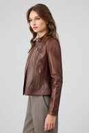 Kylie Women's Brown Mandarin Collar Leather Jacket | Derimod Kylie Women's Brown Mandarin Collar Leather Jacket | Derimod