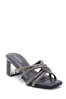Women's Black Stone Thick Heeled Slippers | Derimod Women's Black Stone Thick Heeled Slippers | Derimod