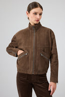 Gina Women's Brown Stand Collar Oversize Short Suede Leather Jacket | Derimod Gina Women's Brown Stand Collar Oversize Short Suede Leather Jacket | Derimod