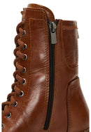 Women's Tan Leather Zippered Flat Boots | Derimod Women's Tan Leather Zippered Flat Boots | Derimod