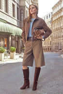 Gina Women's Brown Stand Collar Oversize Short Suede Leather Jacket | Derimod Gina Women's Brown Stand Collar Oversize Short Suede Leather Jacket | Derimod