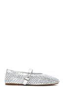 Women's Silver Mesh Stone-Studded Ballet Flats | Derimod Women's Silver Mesh Stone-Studded Ballet Flats | Derimod
