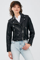 Newage Kadın Siyah Slim-Fit Biker Deri Ceket | Derimod Newage Kadın Siyah Slim-Fit Biker Deri Ceket | Derimod