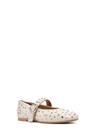 Women's Beige Buckled Stoned Leather Ballerinas | Derimod Women's Beige Buckled Stoned Leather Ballerinas | Derimod
