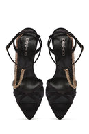 Women's Black Ankle Strap Chain Detail Satin Leather Thin High Heel Sandals | Derimod Women's Black Ankle Strap Chain Detail Satin Leather Thin High Heel Sandals | Derimod