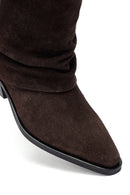Woman Brown Low Chunky Heel Suede Leather Cowboy Boots | Derimod Woman Brown Low Chunky Heel Suede Leather Cowboy Boots | Derimod