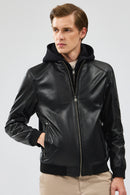 Niko Men's Black Hooded Leather Jacket | Derimod Niko Men's Black Hooded Leather Jacket | Derimod