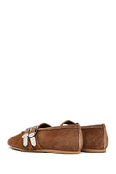 Women's Tan Double Buckled Suede Leather Ballerinas | Derimod Women's Tan Double Buckled Suede Leather Ballerinas | Derimod