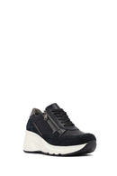 Woman Black Lace-Up Zipper Detailed Wedge Heels Leather Sneakers | Derimod Woman Black Lace-Up Zipper Detailed Wedge Heels Leather Sneakers | Derimod