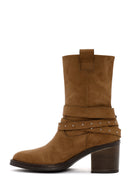 Women's Tan Suede Heeled Cowboy Boots | Derimod Women's Tan Suede Heeled Cowboy Boots | Derimod