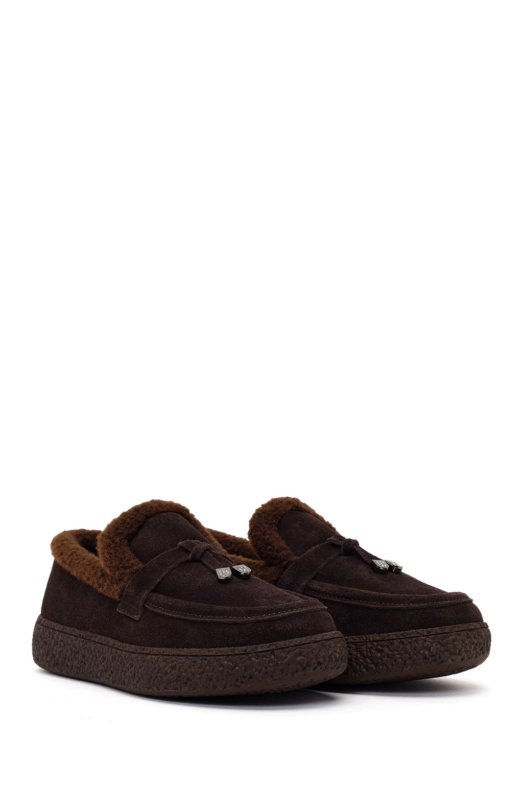 Kadın Kahverengi Tokalı Kalın Tabanlı Süet Deri Teddy Loafer